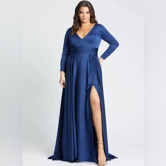 Mac Duggal Gown Dress Size 14W Blue Satin V Neck Long Sleeve 55290 NWT - Picture 1 of 6